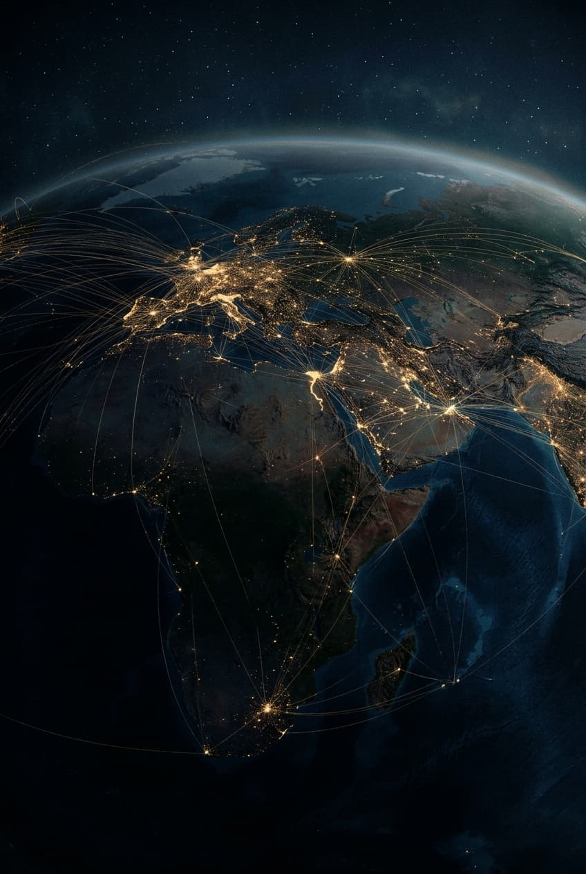 Global network aerial view with flight paths