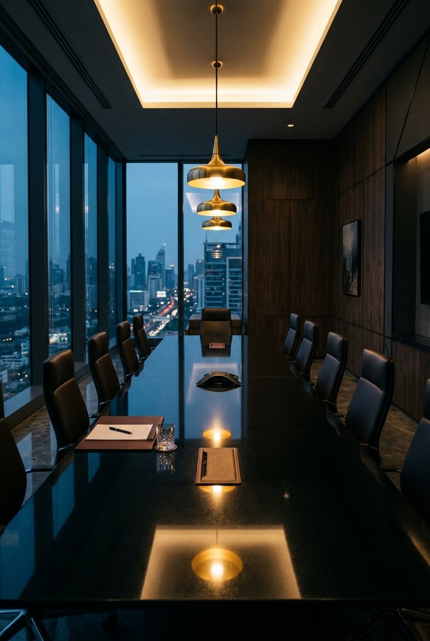 Executive boardroom at dusk with gold pendant lights
