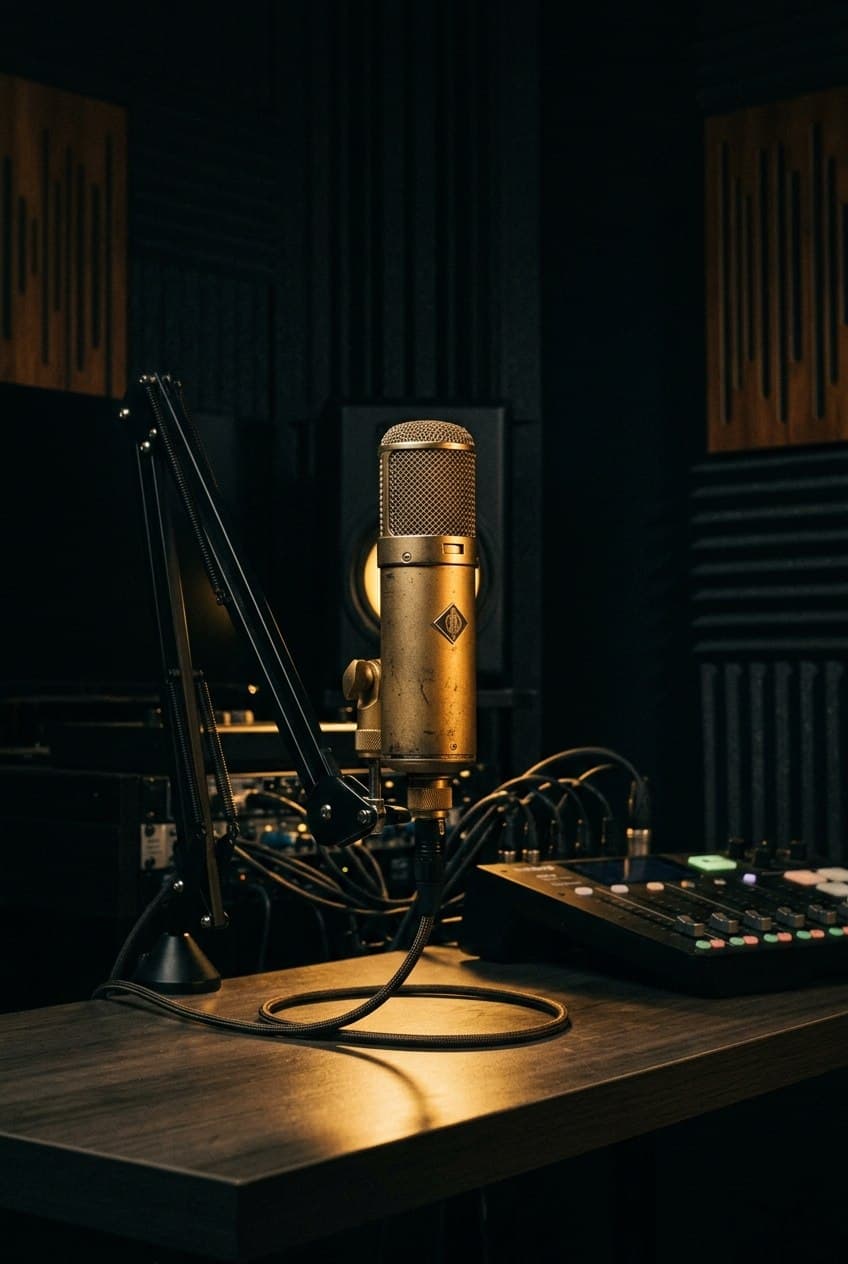 Vintage broadcast-studio microphone in a dark acoustic recording space