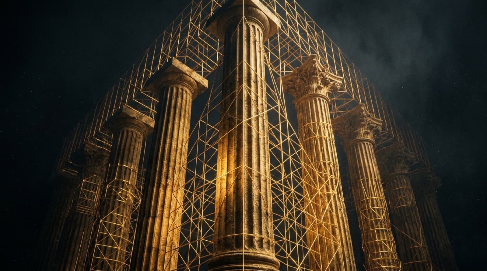 Classical stone columns interlaced with a geometric lattice of gold light