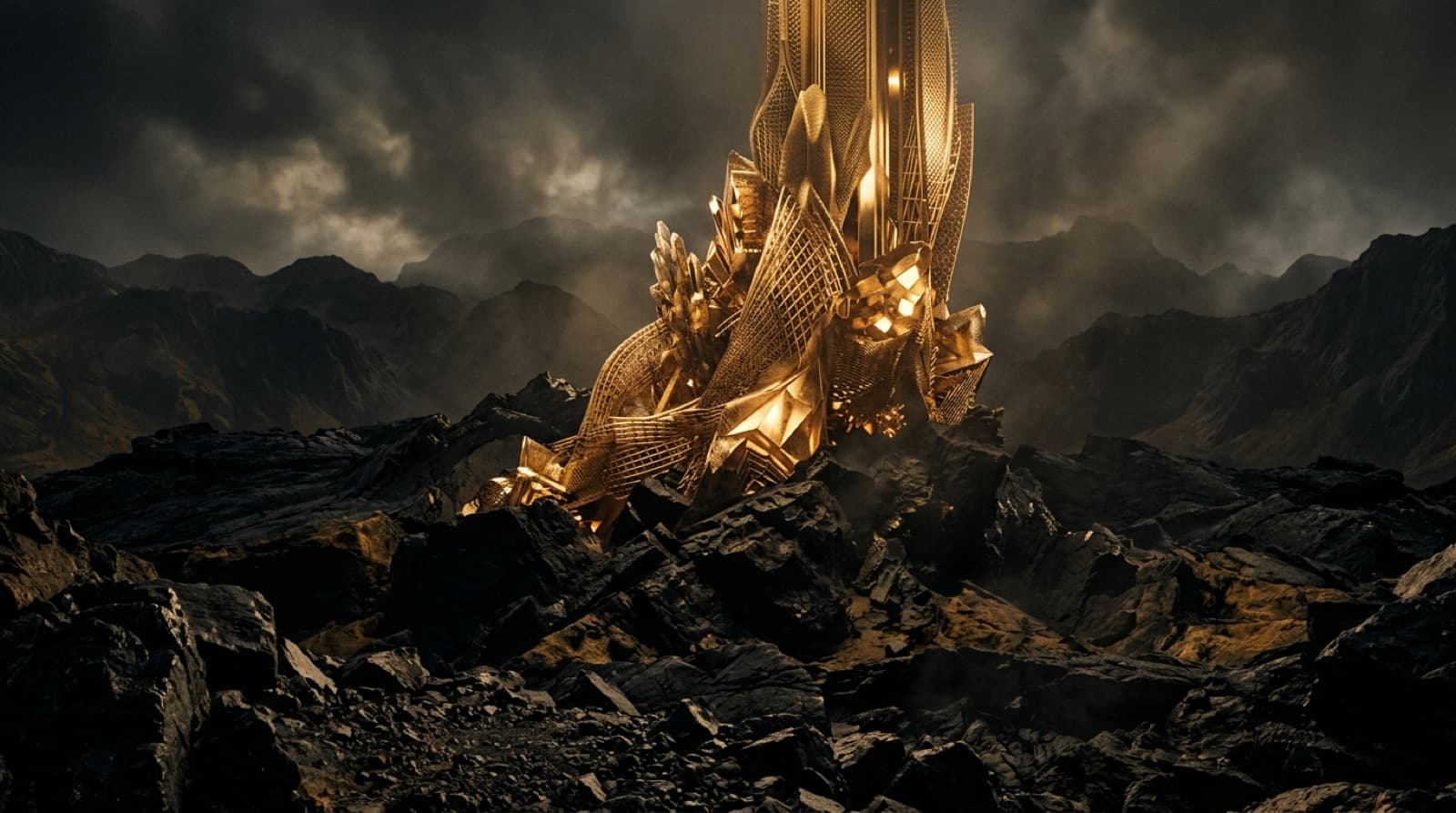 Luminous gold structure rising from dark obsidian terrain