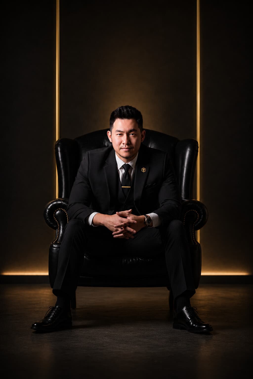 Jonathan Low, Founder and CEO of Ampyre Group, seated in a black leather wingback chair in a black three-piece suit with the Ampyre hexagon lapel pin, hands clasped, against a gold-lit dark backdrop